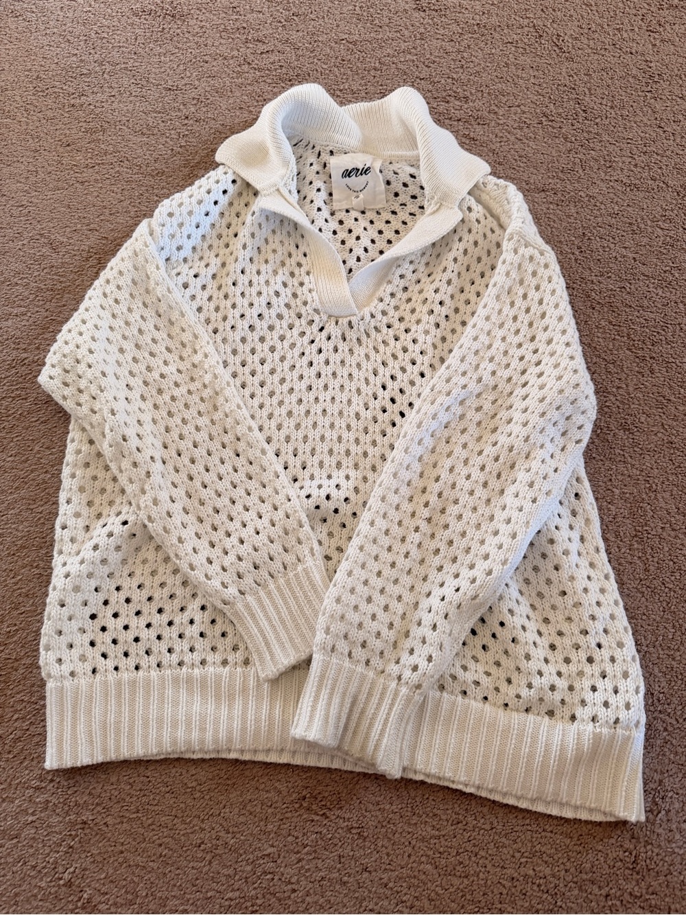 aerie Cream Open-Weave Cowl Pullover Sweater